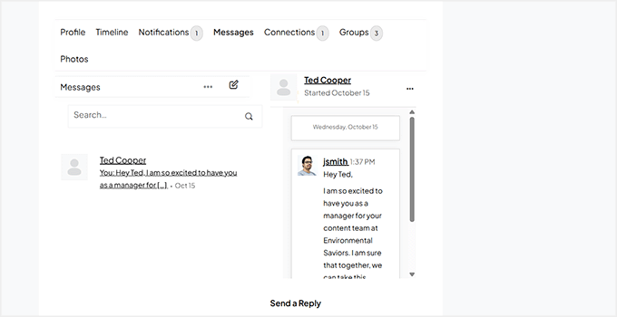 Private messaging system preview in BuddyBoss Private messaging system preview in BuddyBoss