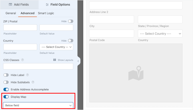 Visualizzazione della mappa sotto il campo