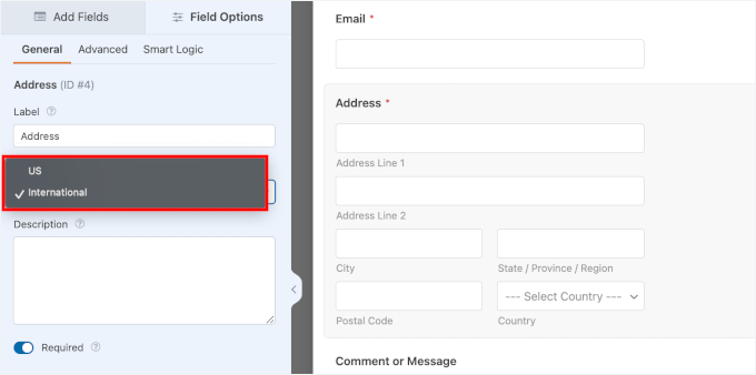Schema dell'indirizzo impostato su internazionale