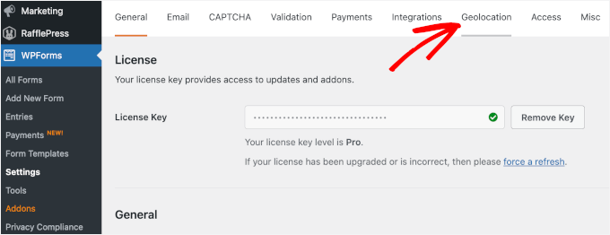 La scheda Geolocation nelle impostazioni di WPForms