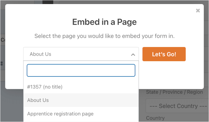 Selezione di una pagina per incorporare il modulo WordPress con completamento automatico dell'indirizzo