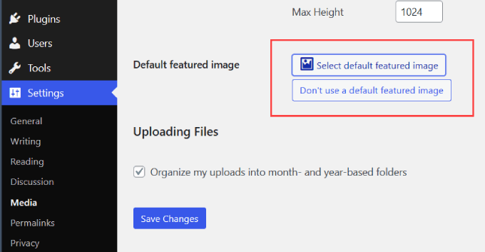 Default featured image in media settings 