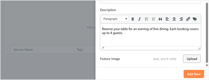 Agregar descripción e imagen destacada para el servicio en Sugar Calendar Bookings