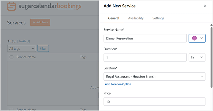 Agregar nombre del servicio y ubicación en Sugar Calendar Bookings