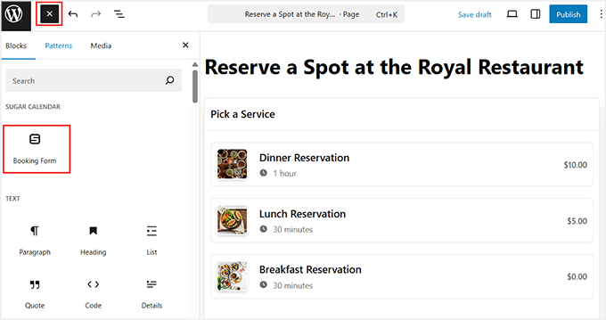 Agregar el bloque del formulario de reservas de Sugar Calendar