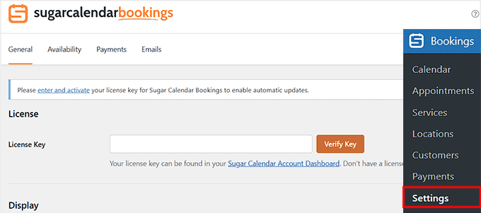 Añadir clave de licencia de Sugar Calendar Bookings