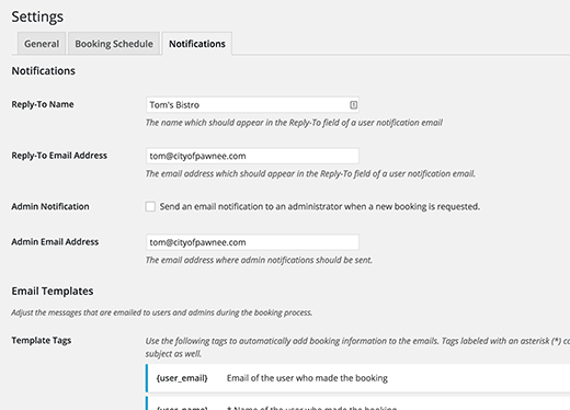 Customizing booking notifications for restaurant reservations