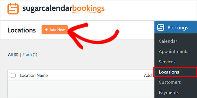 Haz clic en Agregar nuevo para agregar una ubicación en Sugar Calendar Bookings
