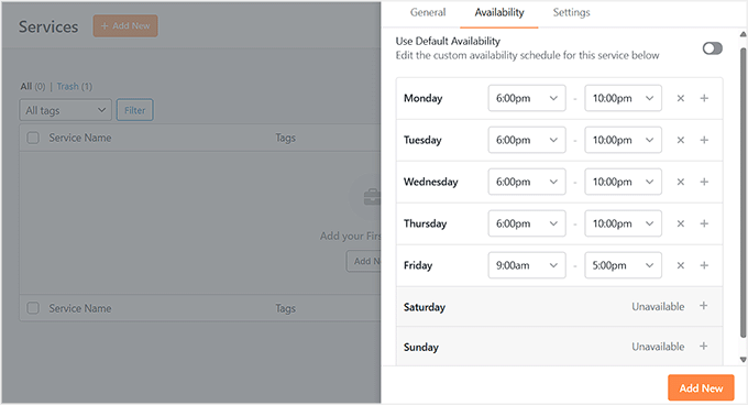 Configurar la disponibilidad para cada servicio en Sugar Calendar Bookings