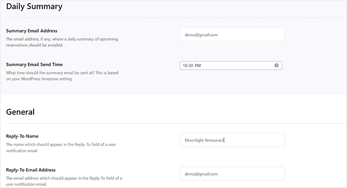 Configura los ajustes de notificación por correo electrónico en Five Star Restaurant Reservations