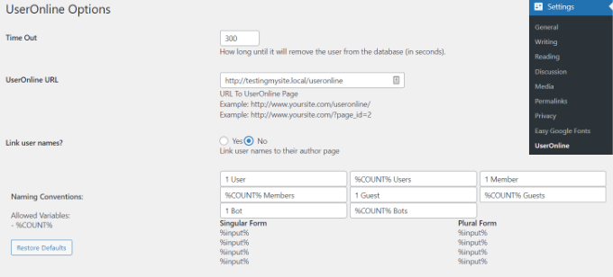 Configure WP UserOnline settings