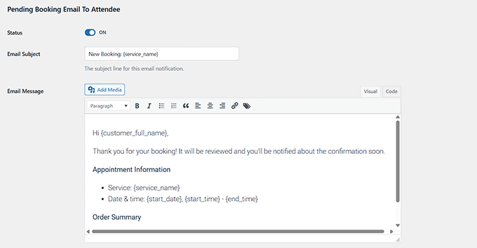 Editar plantilla de correo electrónico en Sugar Calendar Bookings