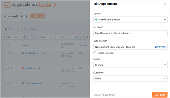 Editar reserva en Sugar Calendar Bookings