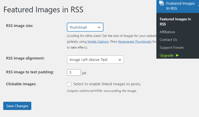 Featured images in RSS settings