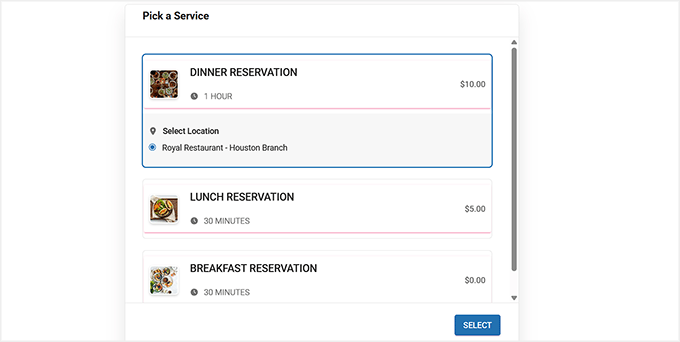 Vista previa de la elección de un servicio de restaurante