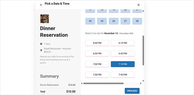 Vista previa de un formulario de reserva de restaurante creado con Sugar Calendar Bookings