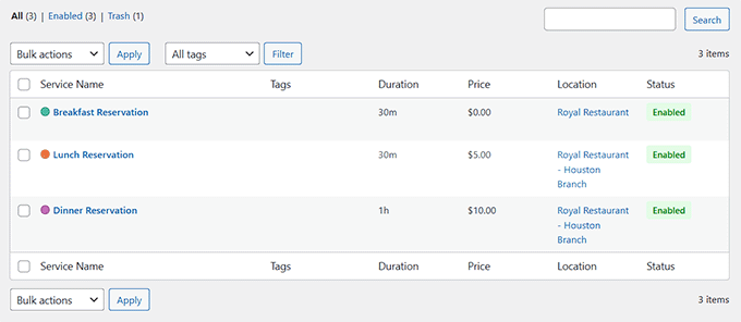 Vista previa de los servicios creados para el restaurante en Sugar Calendar Bookings