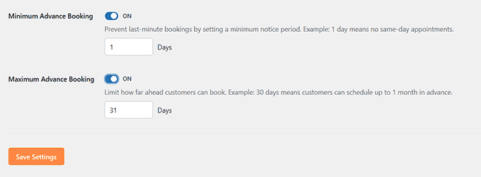 Establecer reserva anticipada mínima y máxima en Sugar Calendar Bookings