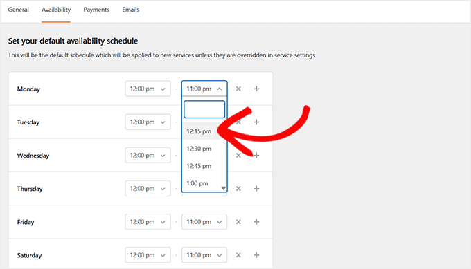Establecer el horario de disponibilidad del restaurante en Sugar Calendar Bookings