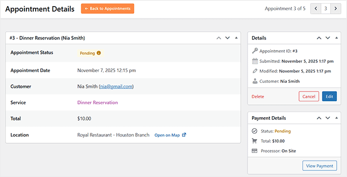 Ver detalles de la reserva en Sugar Calendar Bookings