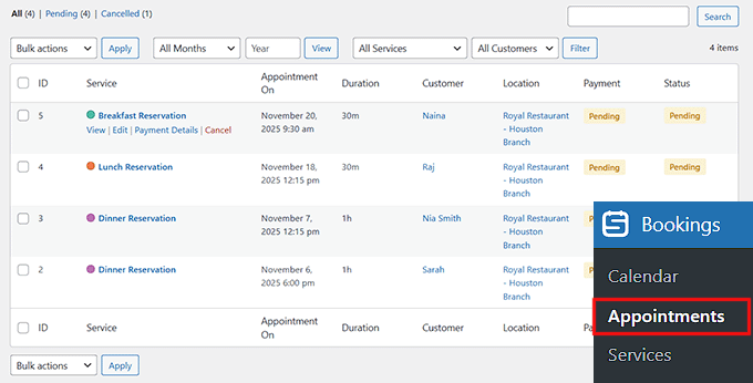 Ver reservas de restaurantes en Sugar Calendar Bookings