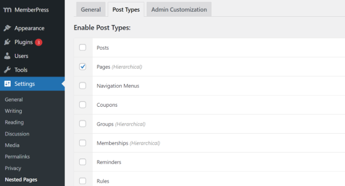 Add nested pages to other post types