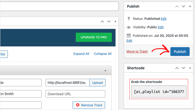 Publicarea listei de redare AudioIgniter și copierea shortcode-ului