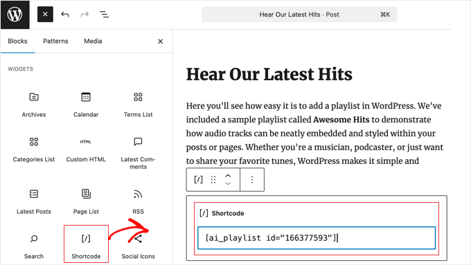 Adăugarea shortcode-ului AudioIgniter la o postare