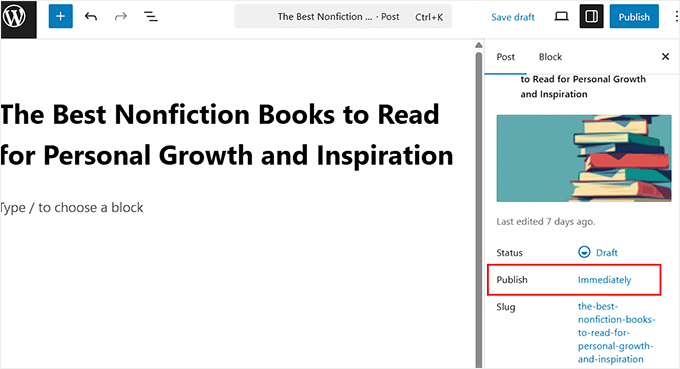 Controlla l'opzione Pubblica nel pannello Impostazioni post