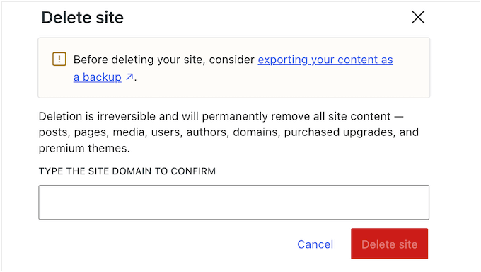 How to go ahead and confirm your website's deletion 