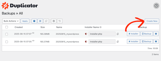 Creating a new WordPress backup