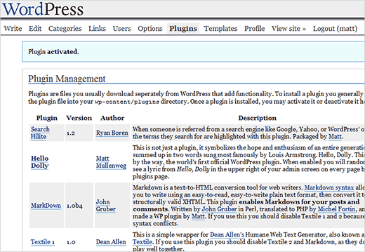 First WordPress plugins screen