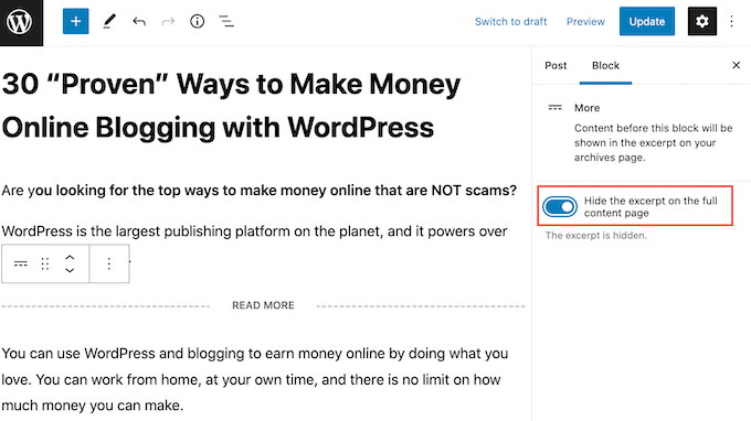 محتوای بلوک WordPress More را مخفی کنید