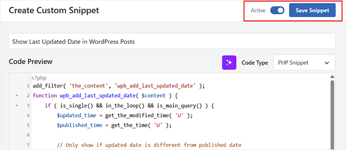 Salva snippet per mostrare la data dell'ultimo aggiornamento