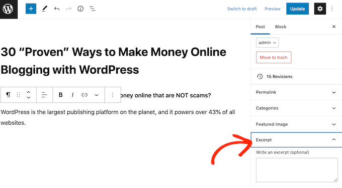Adding an excerpt to a WordPress post