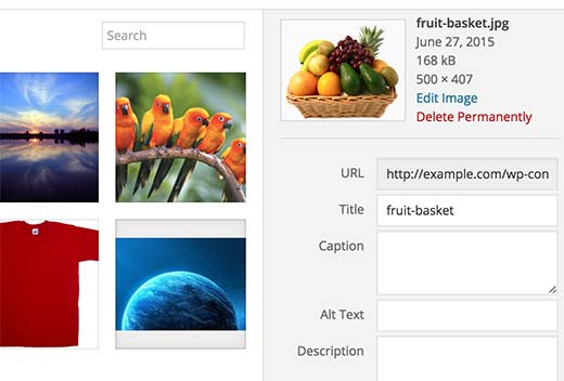 Default WordPress media title field filled with image file name