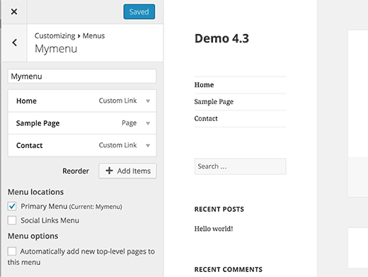 WordPress 4.3 allows you to edit menus in customizer