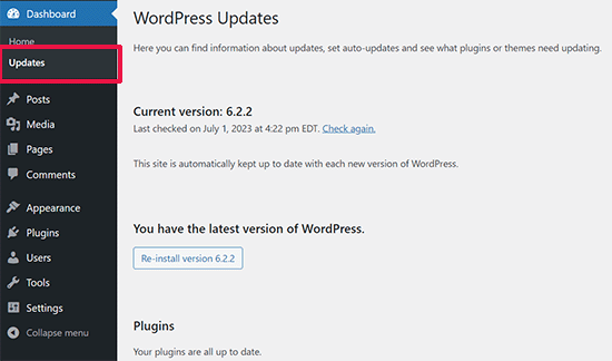 WordPress dashboard updates