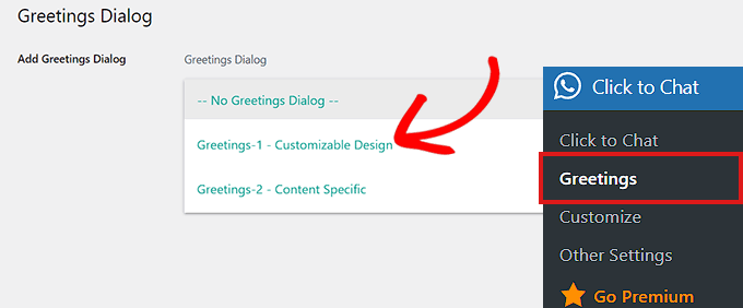 Choose a Greeting dialog from the dropdown menu