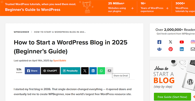 Ícono para compartir por correo electrónico en WPBeginner Ícono para compartir por correo electrónico en WPBeginner