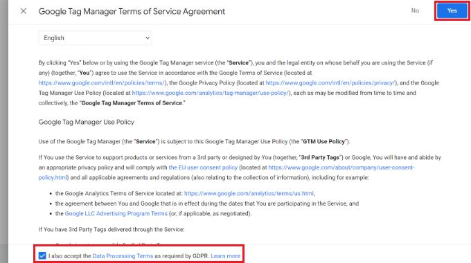 Accept tag manager terms of agreement
