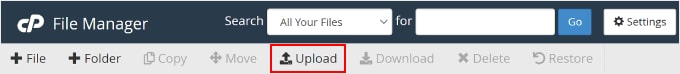 Clicking the Upload button on Bluehost's File Manager