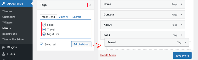 Select Tags and Click 'Add to Menu'