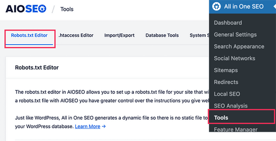Editing robots.txt file using file editor tool in All in One SEO