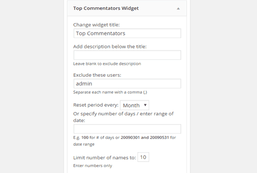 Top commenters widget settings