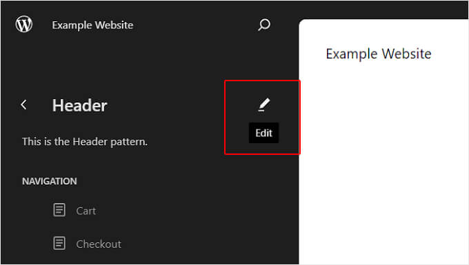 Clicking the Edit button on the Header pattern inside the WordPress Full-Site Editor