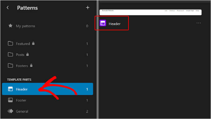 Selecting the Header pattern on WordPress Full-Site Editor