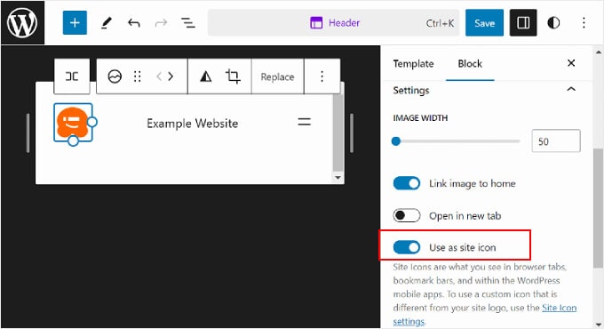 Activating the Use as a site icon option on the Block settings sidebar