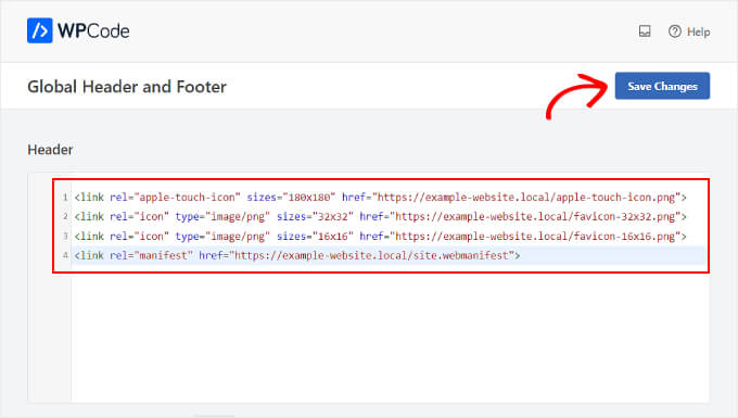 Inserting the HTML code from Favicon.io to WPCode's Header & Footer