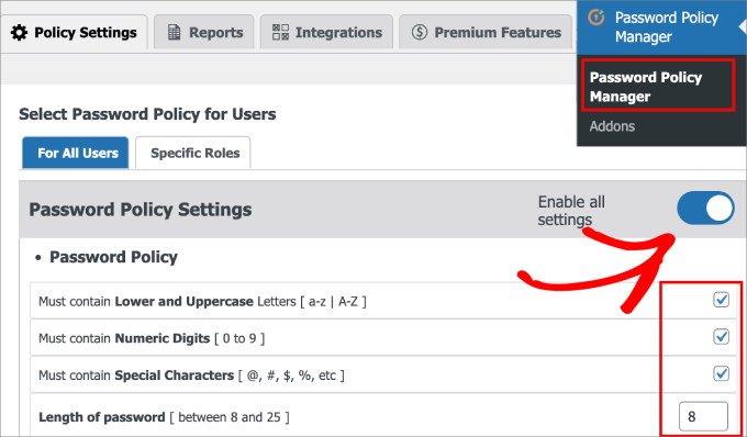 Password policy settings